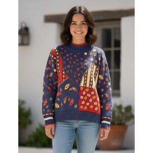 VTG Lizwear Sweater Womens S Multi‎ Chunky Knit Floral Tulip Leaves Embroidered